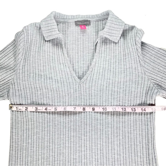 Vince Camuto Shirt Women’s Medium Gray Ribbed Notch V-Neck Collared Long Sleeve - Picture 7 of 8